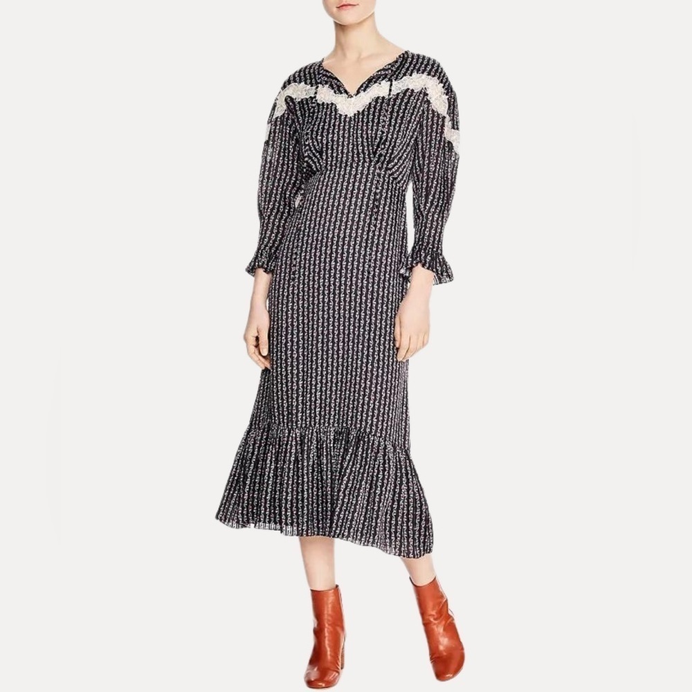 Sandro Marceau Lace-Inset Floral Prairie Cottagecore Midi Dress NWT Size 36/US S